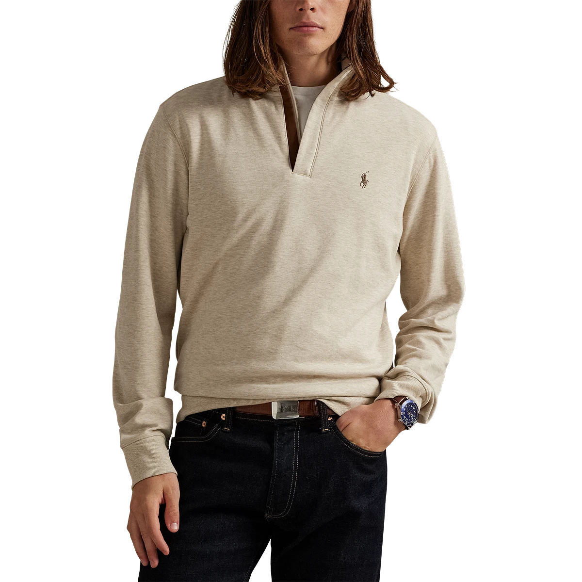 Long-Sleeve Double Knit Jersey 1/2 Zip Pullover W/ Suede Placket - Solid