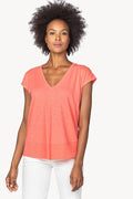 Lilla P Ribbed Hem V-Neck Tee in Guava