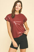 Pinch Faux Leather Cap Sleeve Top