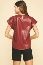 Pinch Faux Leather Cap Sleeve Top