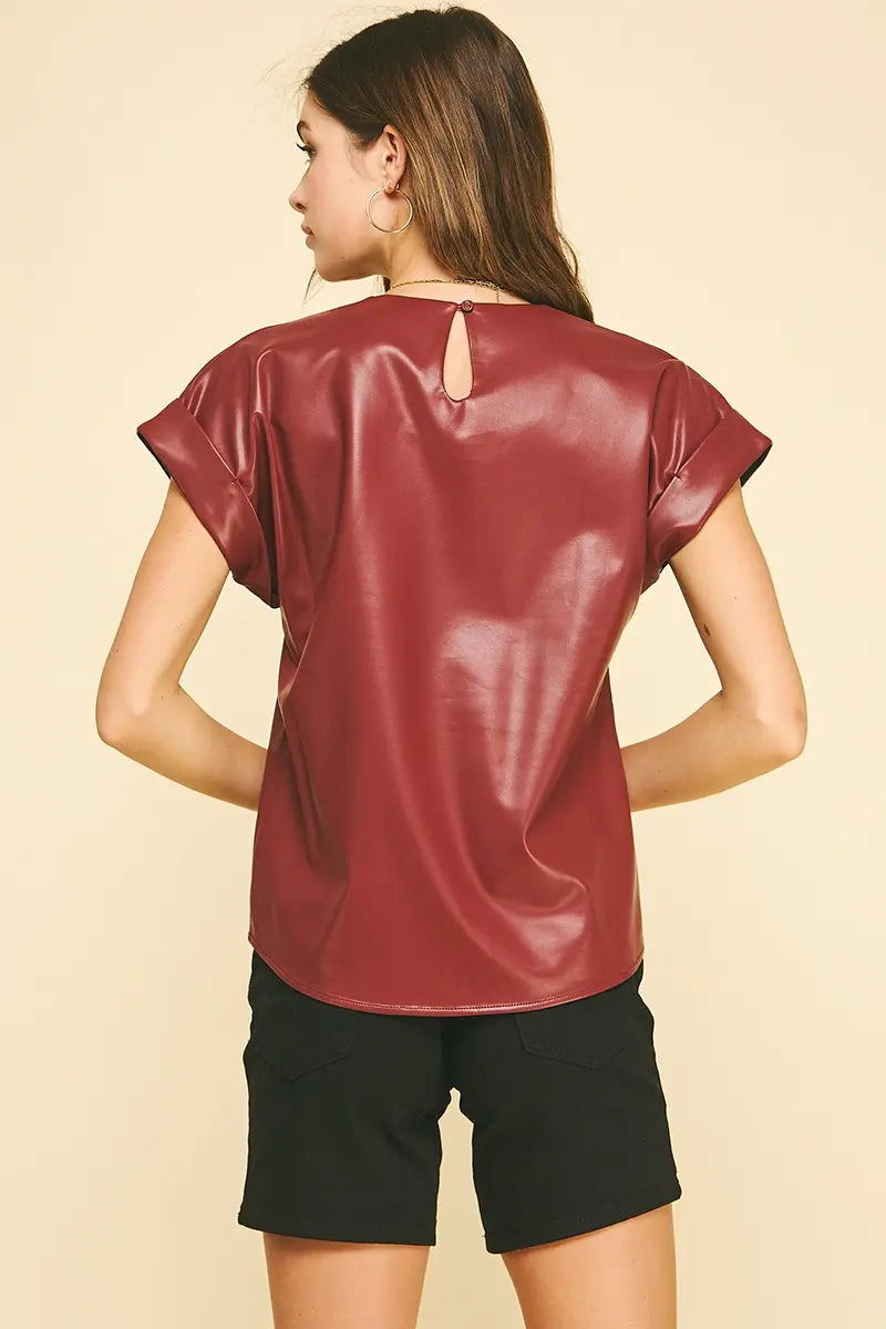 Pinch Faux Leather Cap Sleeve Top