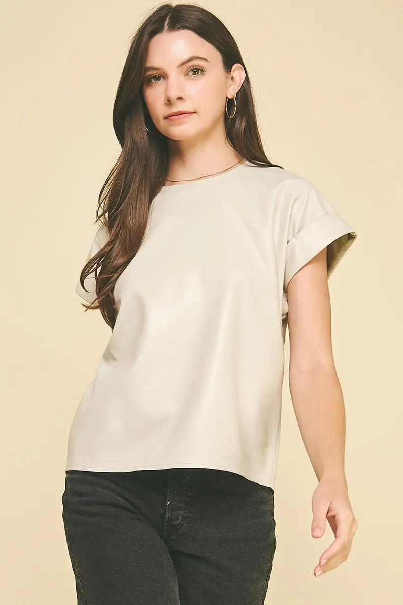 Pinch Faux Leather Cap Sleeve Top