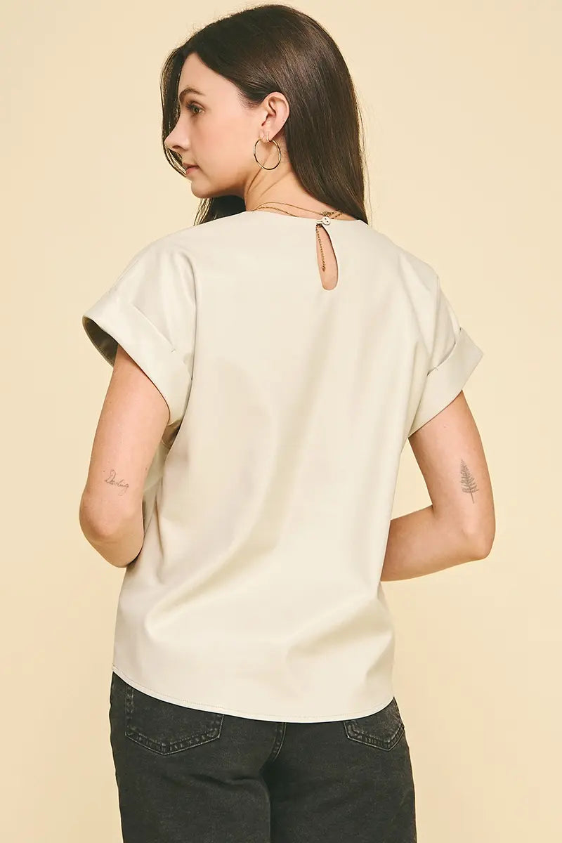 Pinch Faux Leather Cap Sleeve Top