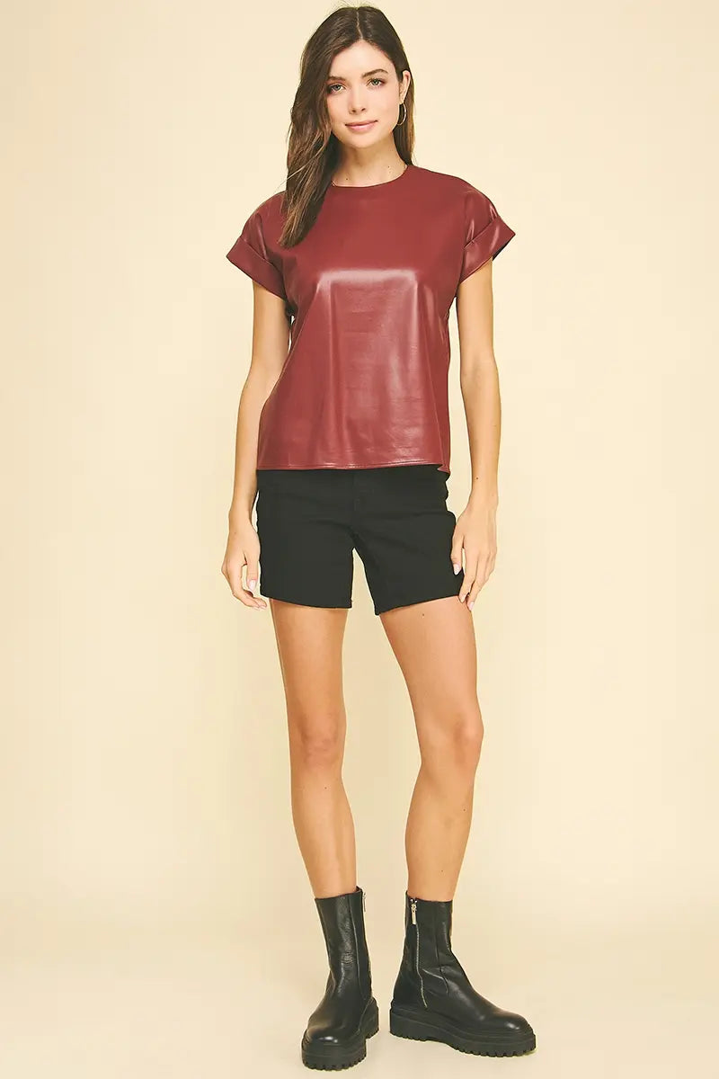 Pinch Faux Leather Cap Sleeve Top