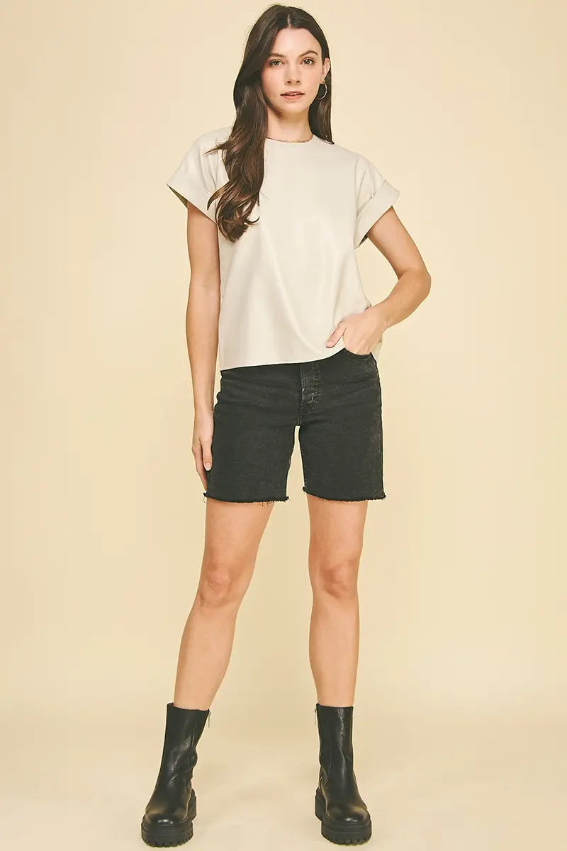 Pinch Faux Leather Cap Sleeve Top