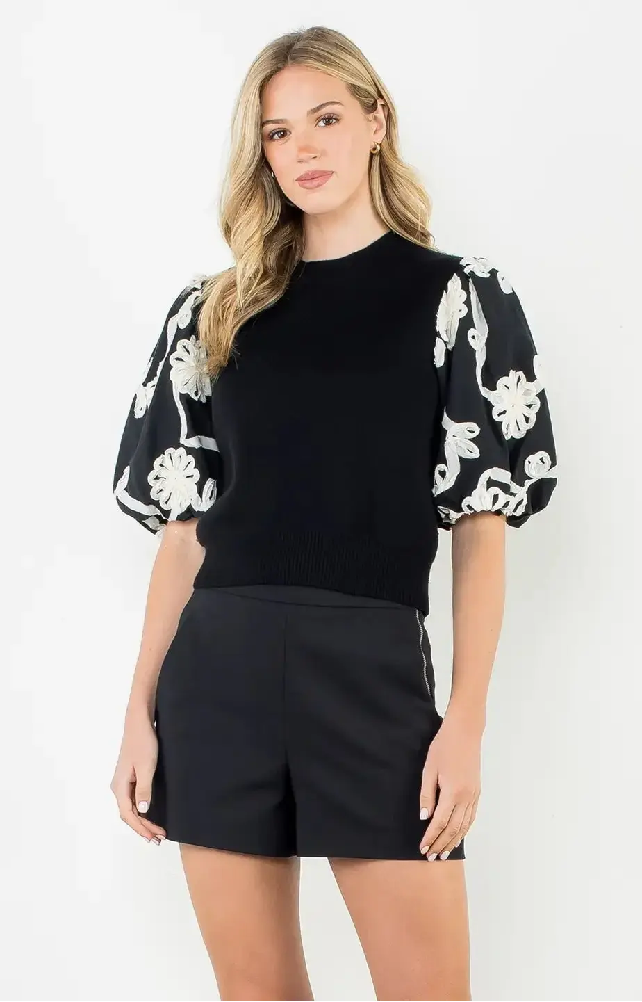 THML Embroidered Puff Sleeve Shirred Knit Top