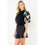 THML Embroidered Puff Sleeve Shirred Knit Top