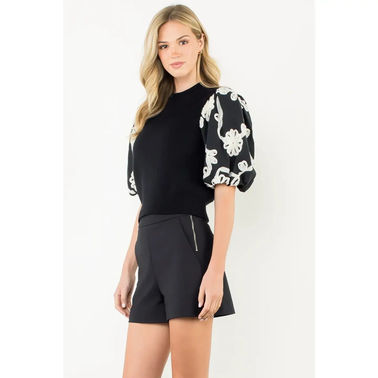 THML Embroidered Puff Sleeve Shirred Knit Top