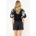 THML Embroidered Puff Sleeve Shirred Knit Top
