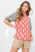 THML Floral Print Puff Sleeve Embroidered Top