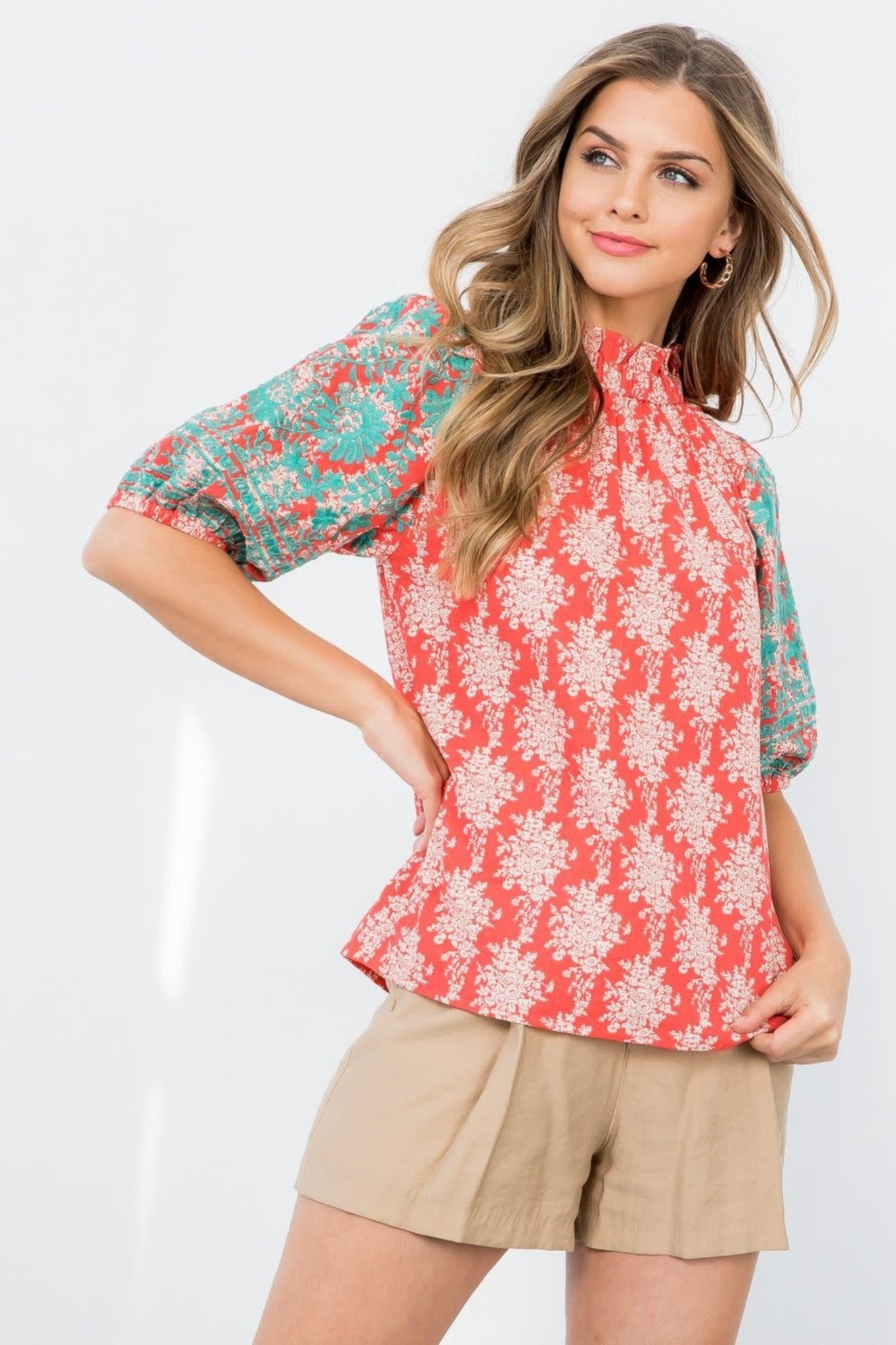 THML Floral Print Puff Sleeve Embroidered Top