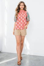 THML Floral Print Puff Sleeve Embroidered Top