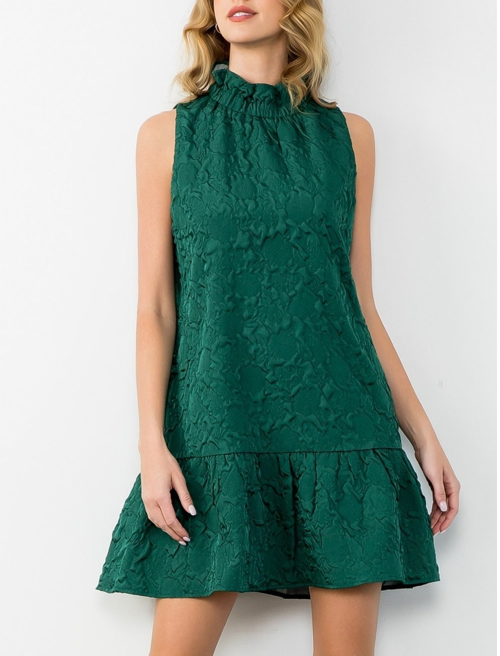 THML Ruffled Neck Sleeveless Textured Dress