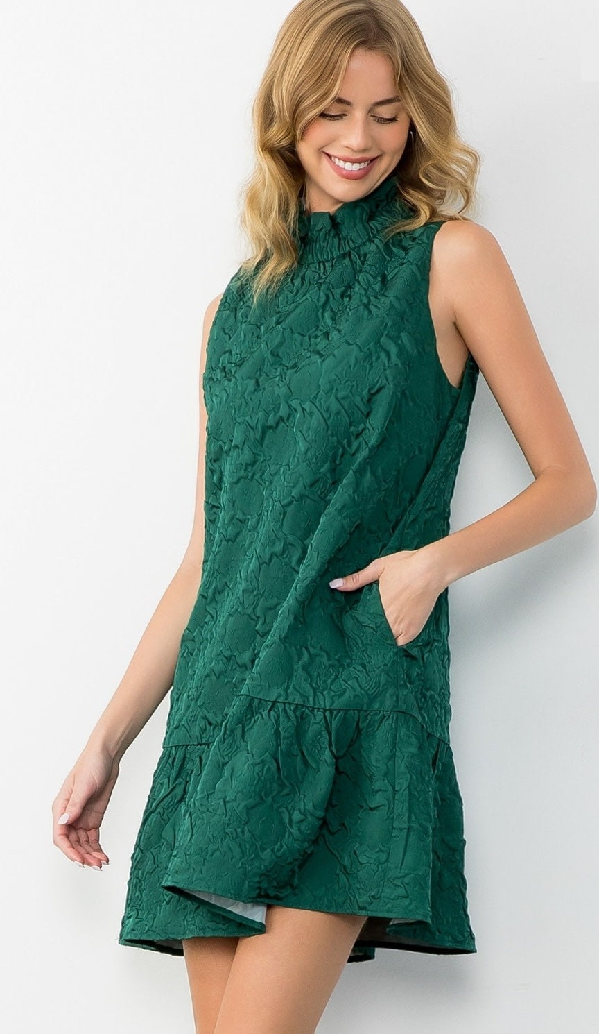 THML Ruffled Neck Sleeveless Textured Dress
