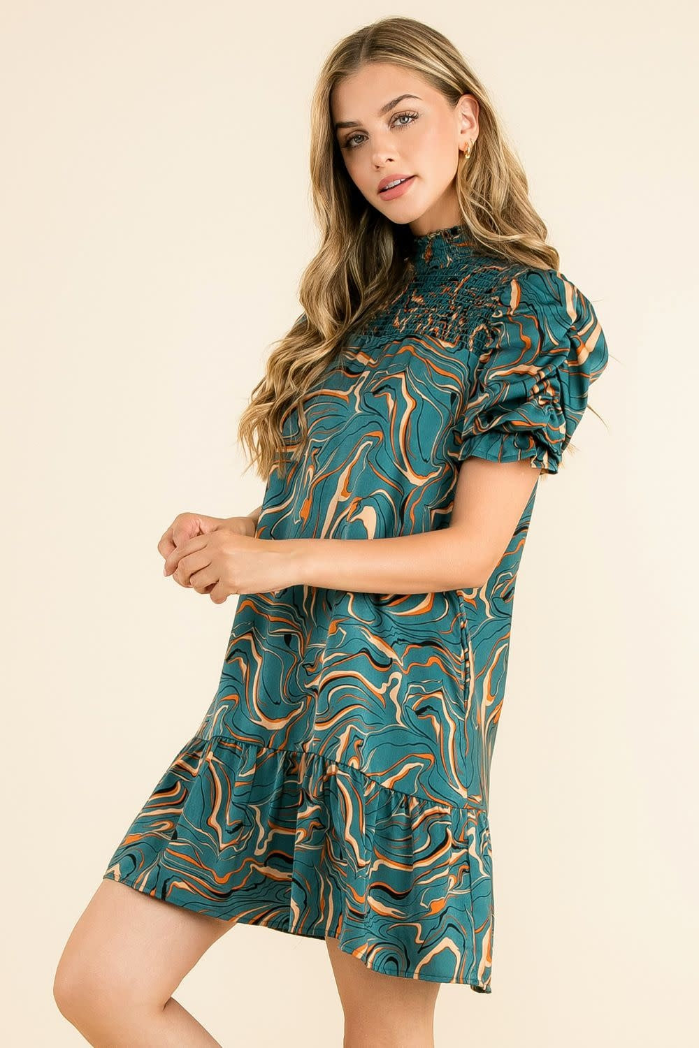 THML Ruched Sleeve Abstract Print Dress