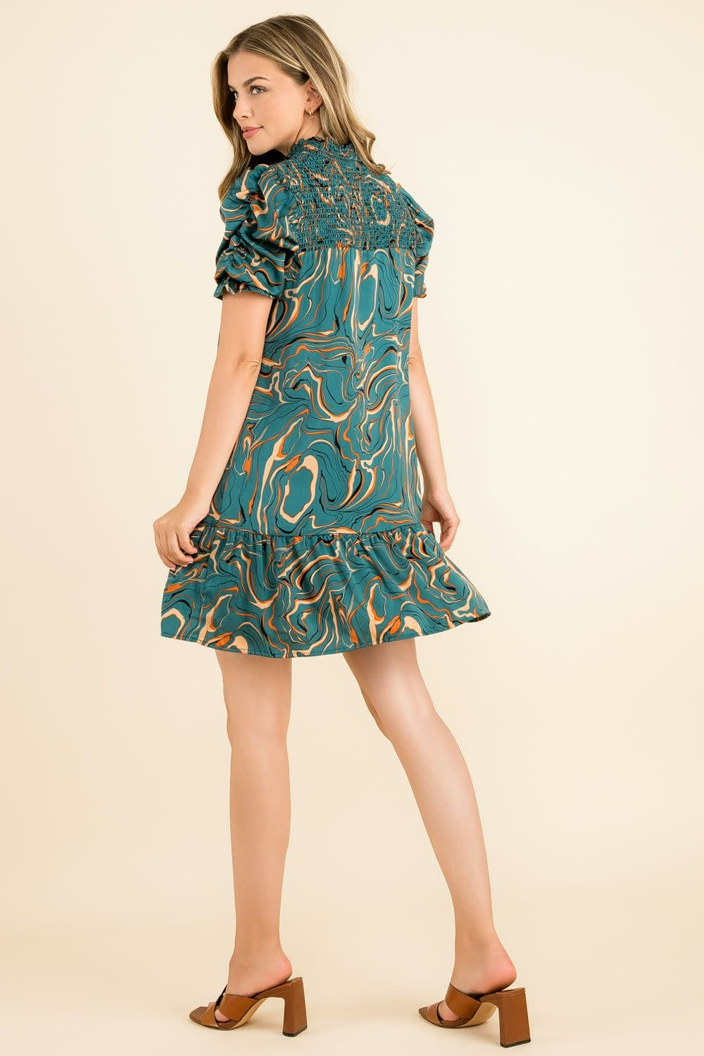 THML Ruched Sleeve Abstract Print Dress