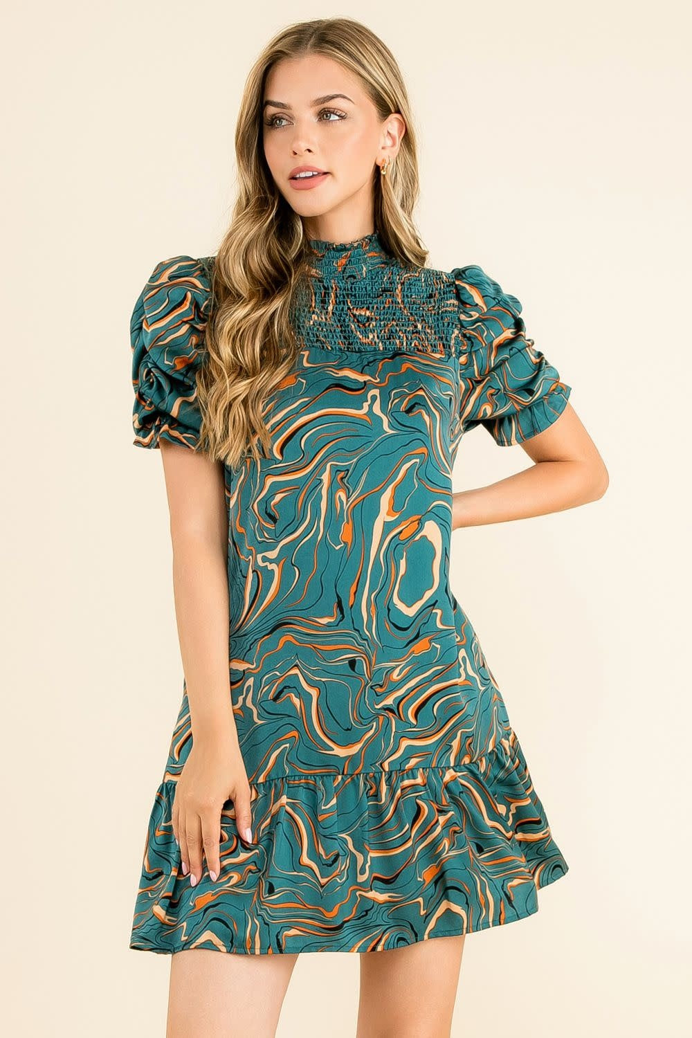 THML Ruched Sleeve Abstract Print Dress