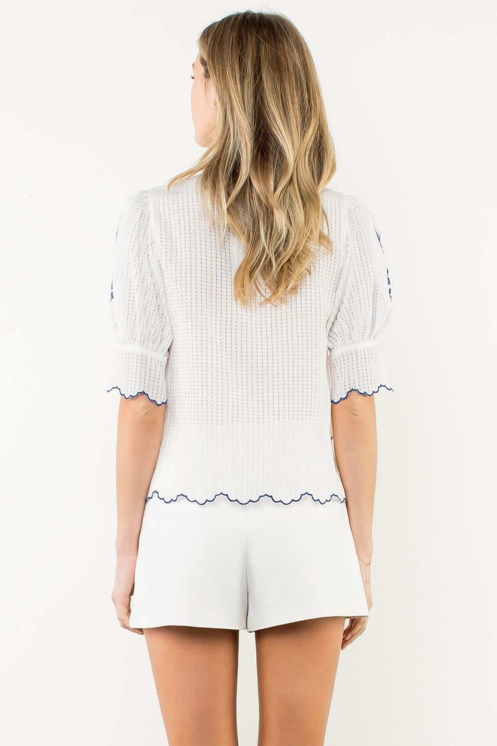 THML Embroidered Puff Sleeve Stripe Top