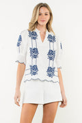 THML Embroidered Puff Sleeve Stripe Top
