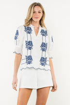 THML Embroidered Puff Sleeve Stripe Top