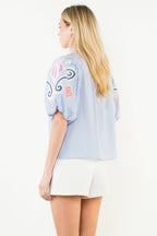 THML Puff Sleeve Embroidery Detail Textured Top