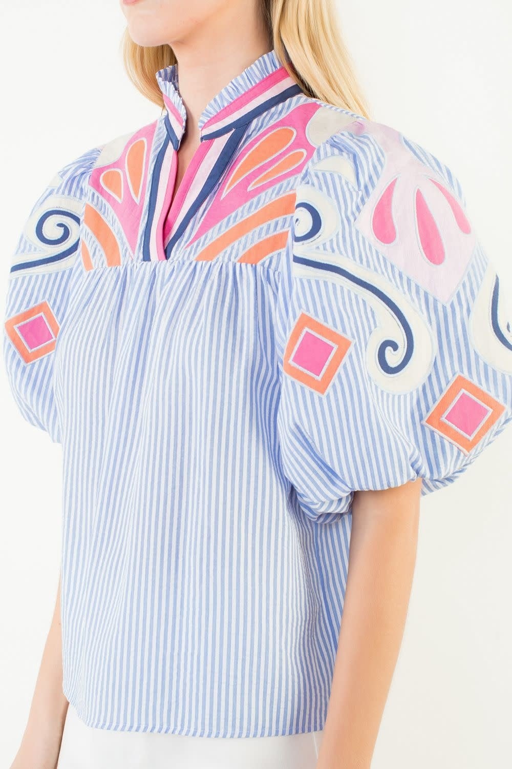 THML Puff Sleeve Embroidery Detail Textured Top
