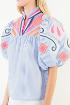 THML Puff Sleeve Embroidery Detail Textured Top
