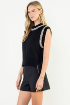 THML Embellished Mock Neck Knit Top