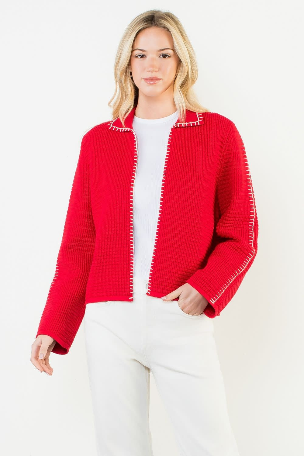 THML Collared Contrast Stitch Knit Cardigan
